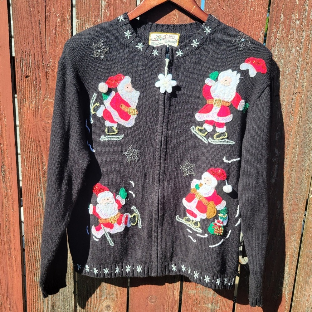 Y2K Vintage Embellished Applique Santa Claus Zip Up Christmas Sweater Sz L